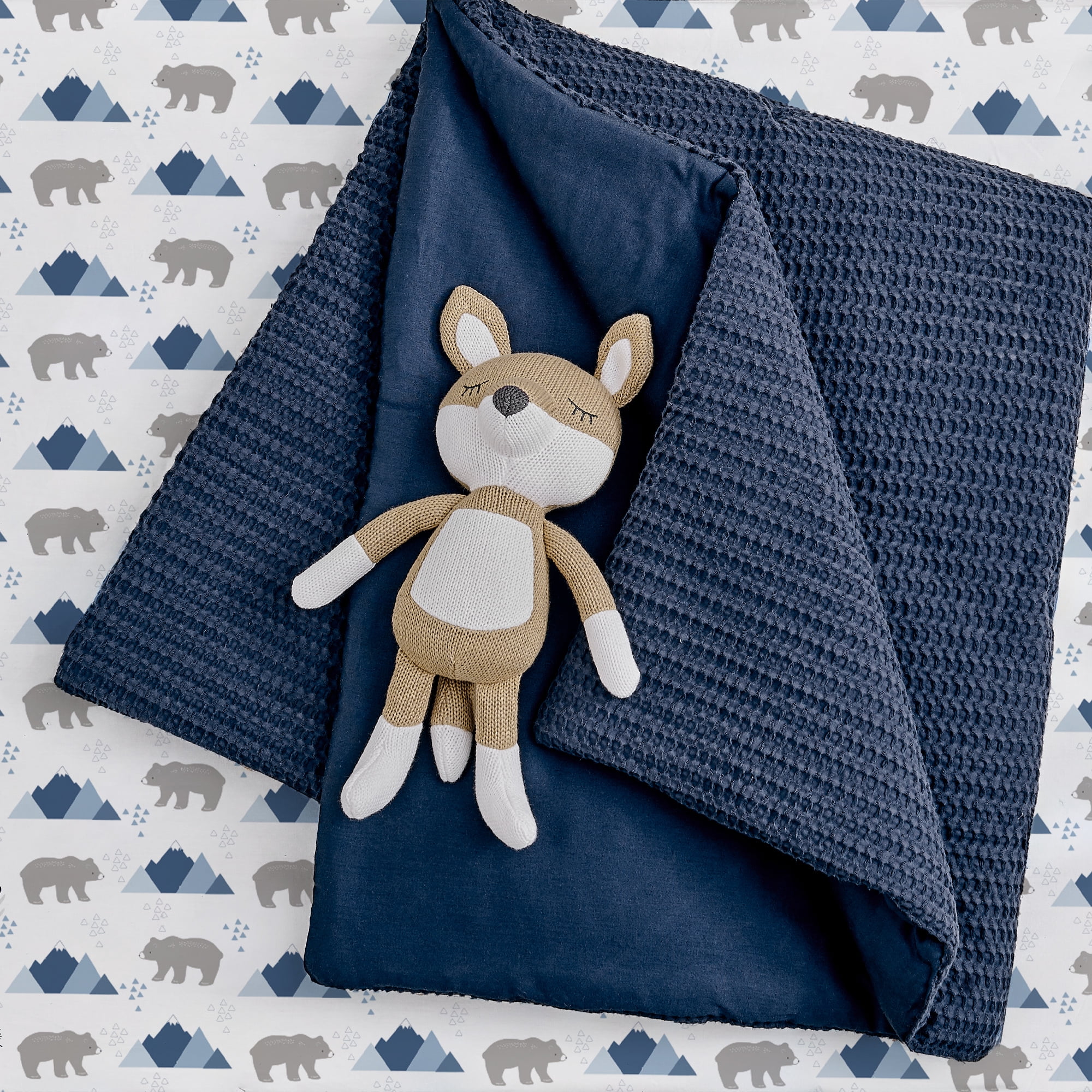 Levtex Baby - Mills Waffle Crib Bed Set - Baby Nursery Set - Navy - Navy Textured Waffle - 4 Piece Set Includes Quilt, Fitted Sheet, Dust Ruffle and Rope Basket