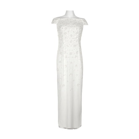 Adrianna Papell Off-Shoulder Zipper Back Sequined Beaded Column Mesh Dress-IVORY / 10