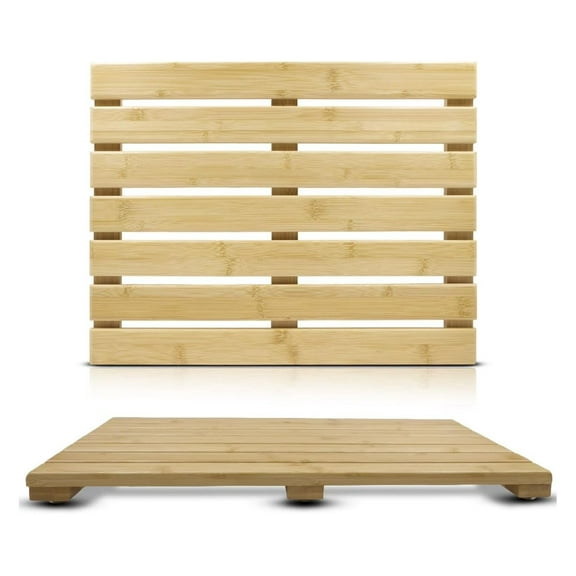 Bamboo Bathmat - 100% Natural Wooden Floor Mat - Non-Slip, Sustainable - Modern Asian Design - Perfect for Bathroom & Spa (21x14) 21" x 14.8" (Rectangular)