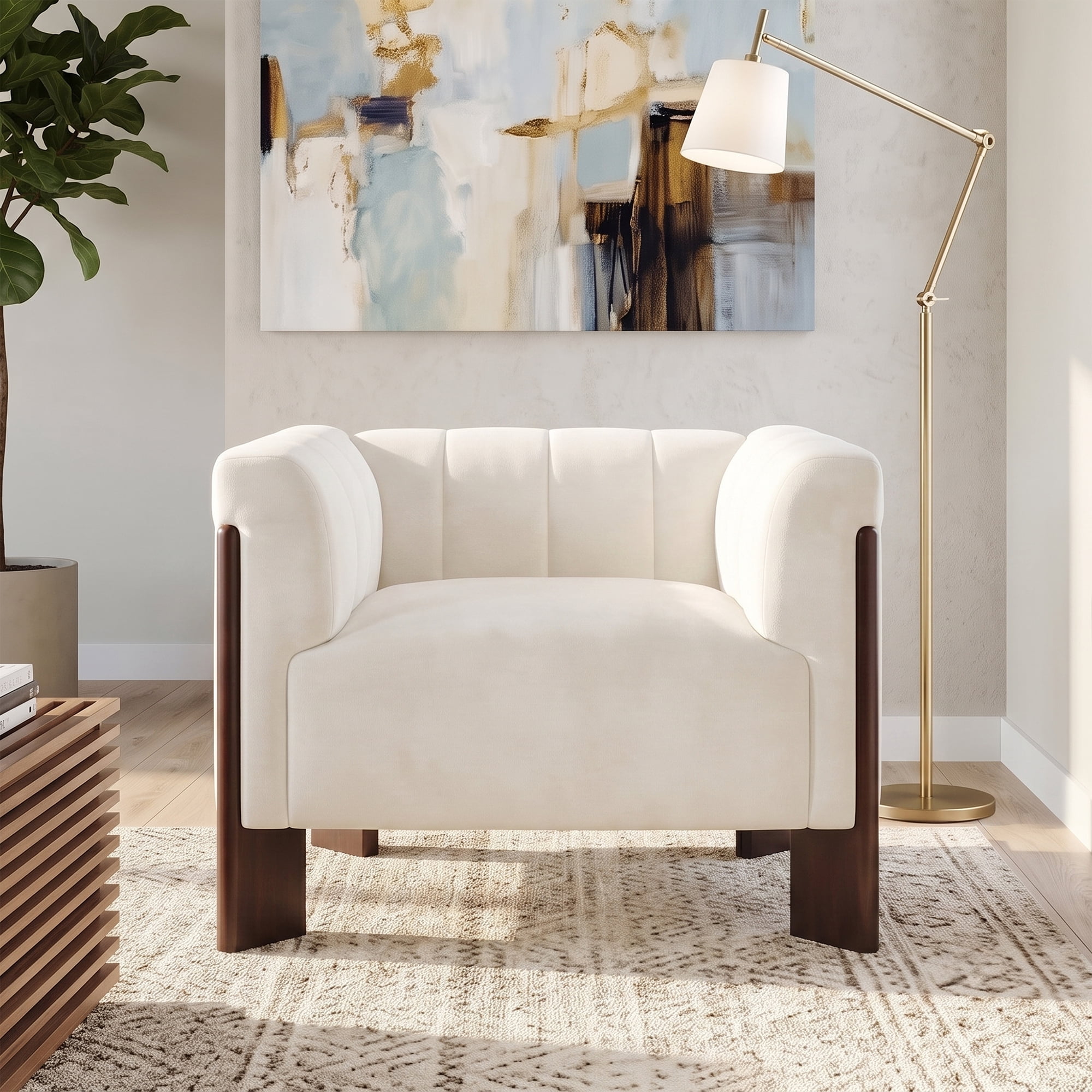 Leumius Modern Accent Chair, Velvet Single Sofa Chair with Tight Back, Round Arms, Vertical Channel Tufted Back and Walnut Rubber Wood Legs for Living Room, Bedroom or Reading Corner, Beige