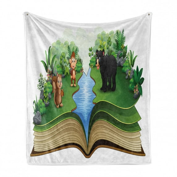 Squirrel Soft Flannel Fleece Throw Blanket, Jungle Open Book Nature Animals Friends Cartoon, Cozy Plush for Indoor and Outdoor Use, 70" x 90", Green Multicolor, by Ambesonne