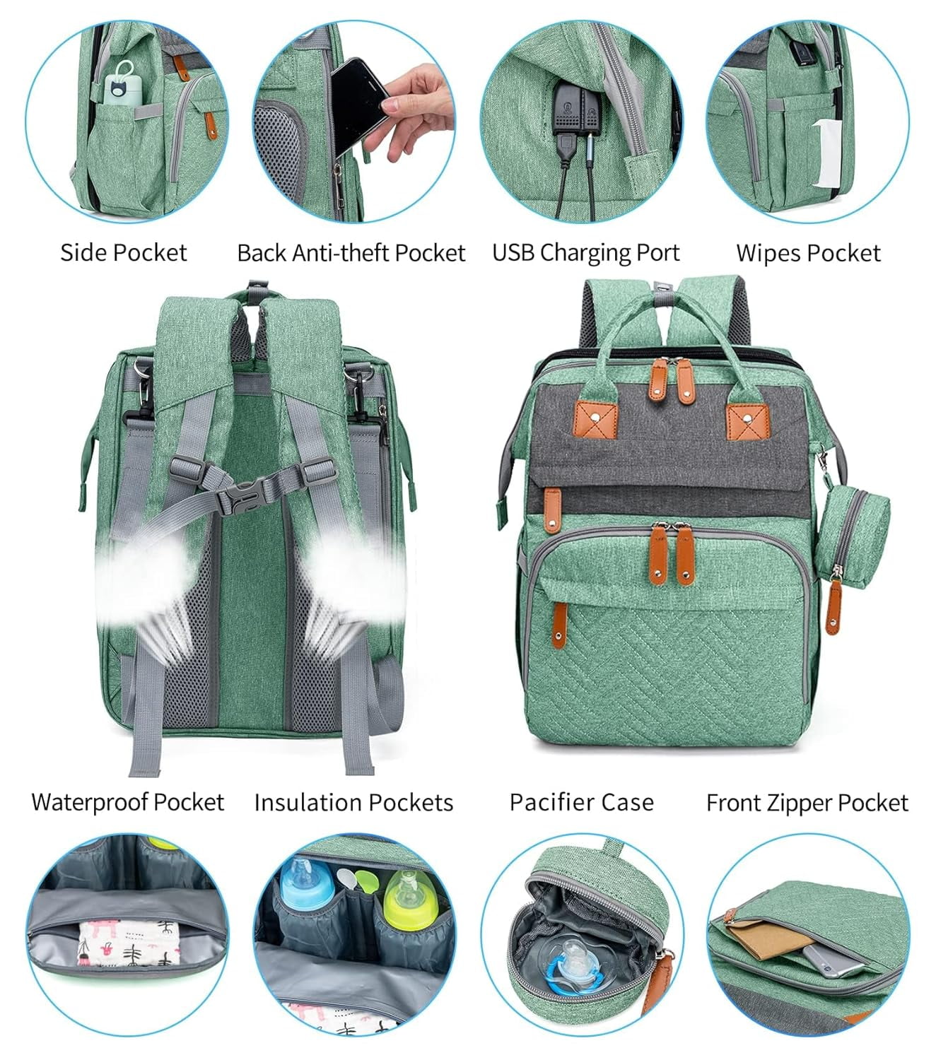 Diaper Bag Backpack, Large Baby Diaper Bags for Boys Girls, Baby Bag with USB Charging Port, Multifunction Waterproof Travel Back Pack for Moms Dads, Green Grey