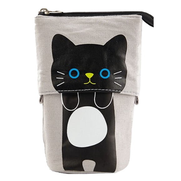 Estuche de pie estilo gato negro telescópico de lona premium con cremallera y alisado para papelería y cosméticos.