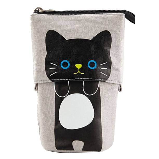 Estuche de pie estilo gato negro telescópico de lona premium con cremallera y alisado para papelería y cosméticos.