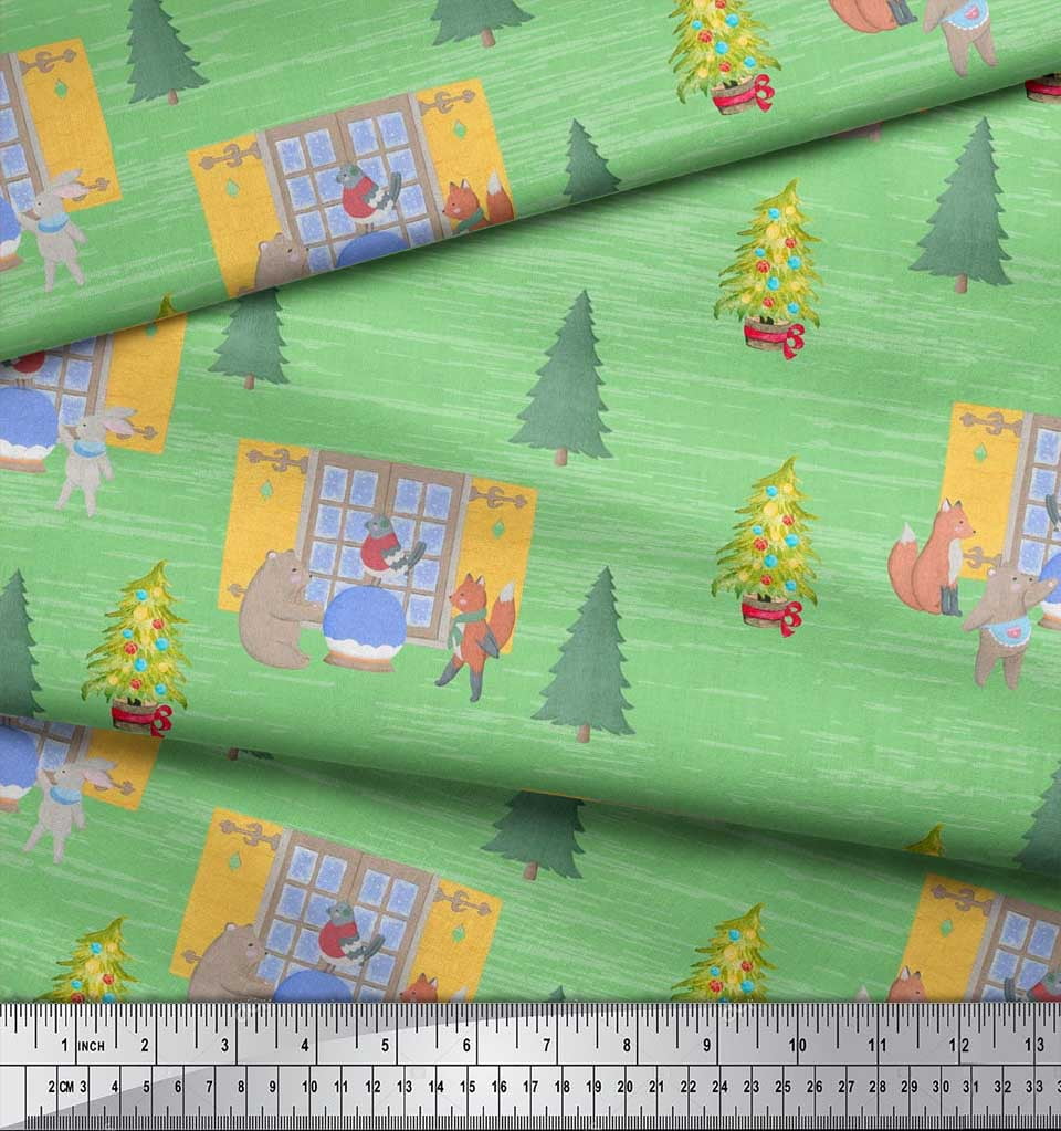 Soimoi Green Velvet Fabric House,Animals & Tree Christmas Print Fabric by the Yard 58 Inch Wide