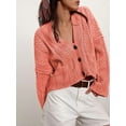 thumbnail image 2 of Women'S Long Sleeve Open Front Cable Knit Crop Cardigan V Neck Button Sweaters with Pockets Watermelon Red XL, 2 of 4
