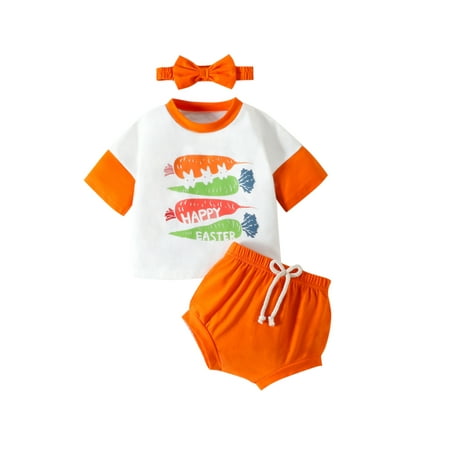 

Lieserram Easter Infant Girls Summer Outfits 3 6 9 12 18 24 Months Carrot Print Short Sleeve T-shirt and Stretchy Shorts Headband Set