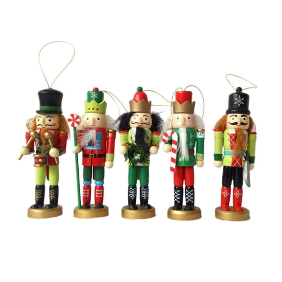 5 Pieces Nutcracker Ornaments Miniature Figures Wooden Craftwork Xmas Tree Decorations for Office Gifts