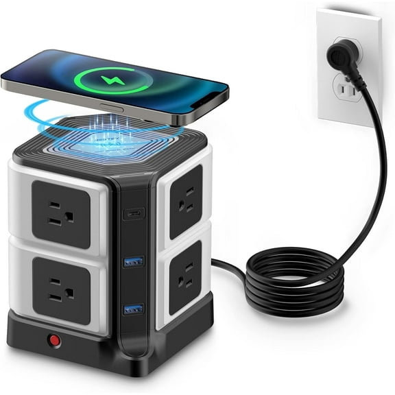 BESTEK 8 Outlet 6 USB Power Strips Tower, Surge Protector with 10W Wireless Charger & PD20W USB C, 4000Joules, 5ft Cord, Black