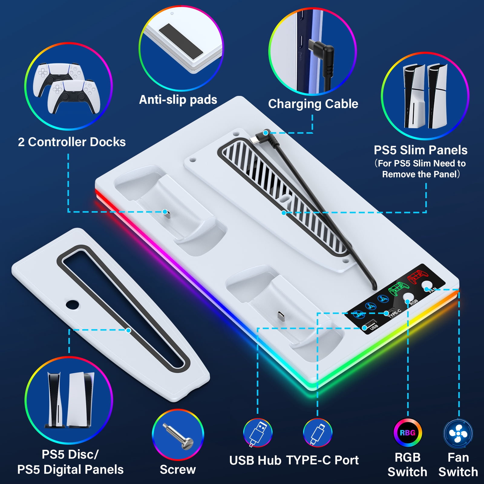 PS5 Stand Cooling Fan with PS5 Controller Charger for PlayStation 5 Slim,Disc & Digital ZRZLMVP PS5 Accessories with PS5 Cooling Station,3 Levels Adjustable Fans Speed -White
