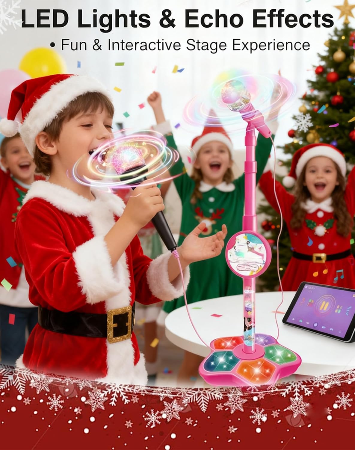 The All-in-One Microphone Toy, Kids Karaoke Machine with Adjustable Stand, Built-in Music, Colorful Lights, Echo Effects, Karaoke Microphone for Kids, Christmas Birthday Gift for Girls Boys (Black)