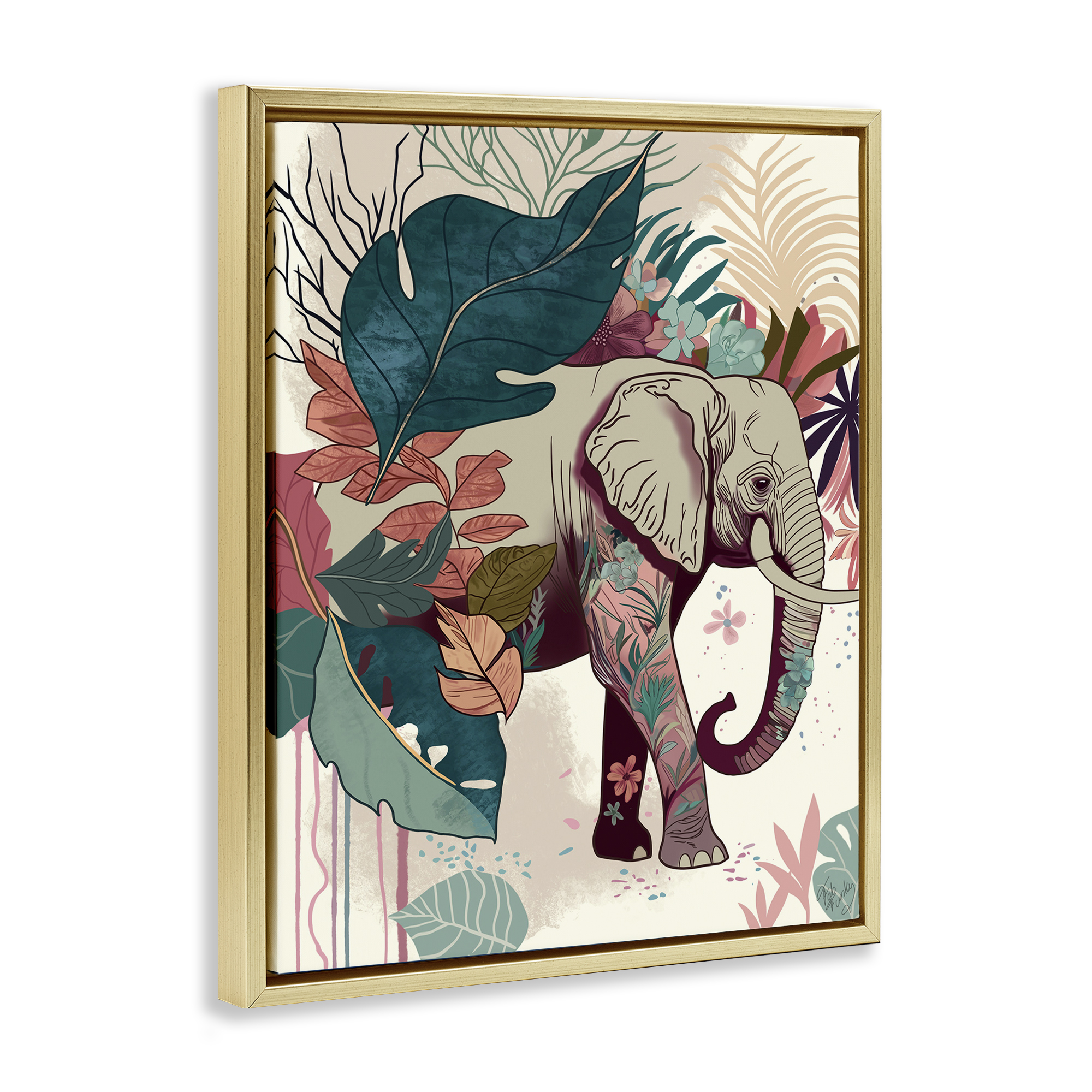 Stupell Industries Elephant & Tropical Leaves Animals & Insects Painting Gold Floater Framed Canvas Art Print Wall Art, 17 x 21