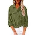 thumbnail image 3 of TKLPEHG Women Fall Clothes Long Sleeve Tops Women Casual Button Lapel Collar Rolled Sleeve Blouses Elastic Waist Work Tops With Pockets (Army Green,L), 3 of 6