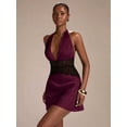 thumbnail image 6 of Maroon Halter Satin Mini Dress With Black Lace Waist Trim, Elegant Cocktail Dress For Women, 6 of 7