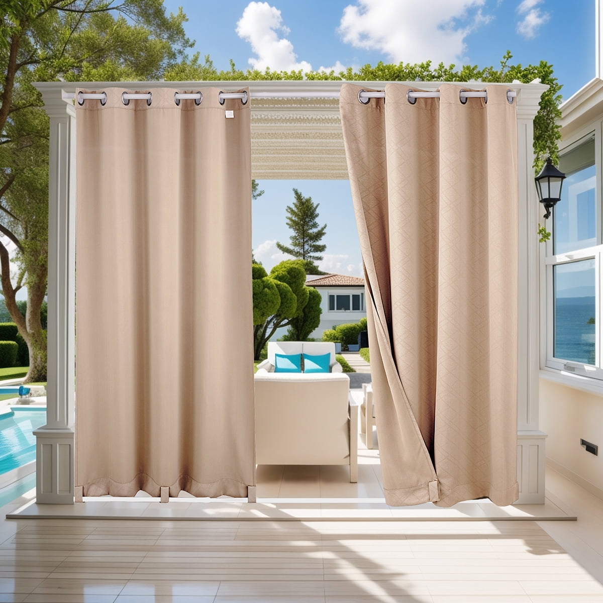TOPCHANCES Outdoor Curtains Waterproof Windproof 3D Embossed Pattern Curtain for Patio, Porch, Pergola, Gazebo, Grommet Top and Tab Bottom Drape, 2 Panels, 52x108 inch, Beige