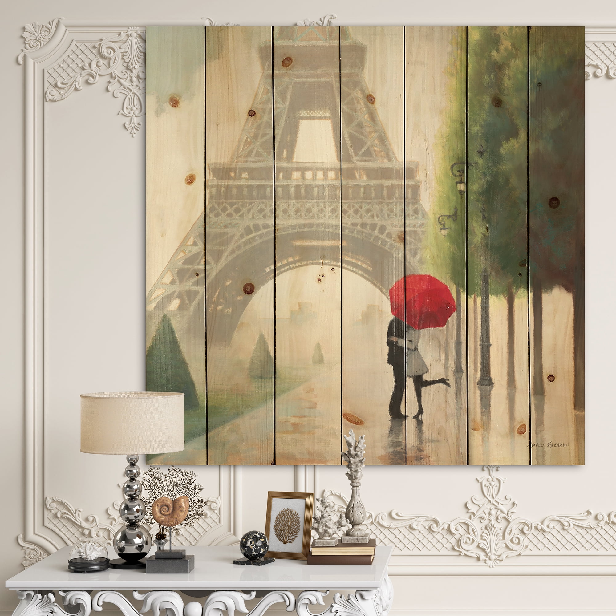 Designart 'Paris Romance Couples' Romantic French Country Print on Natural Pine Wood