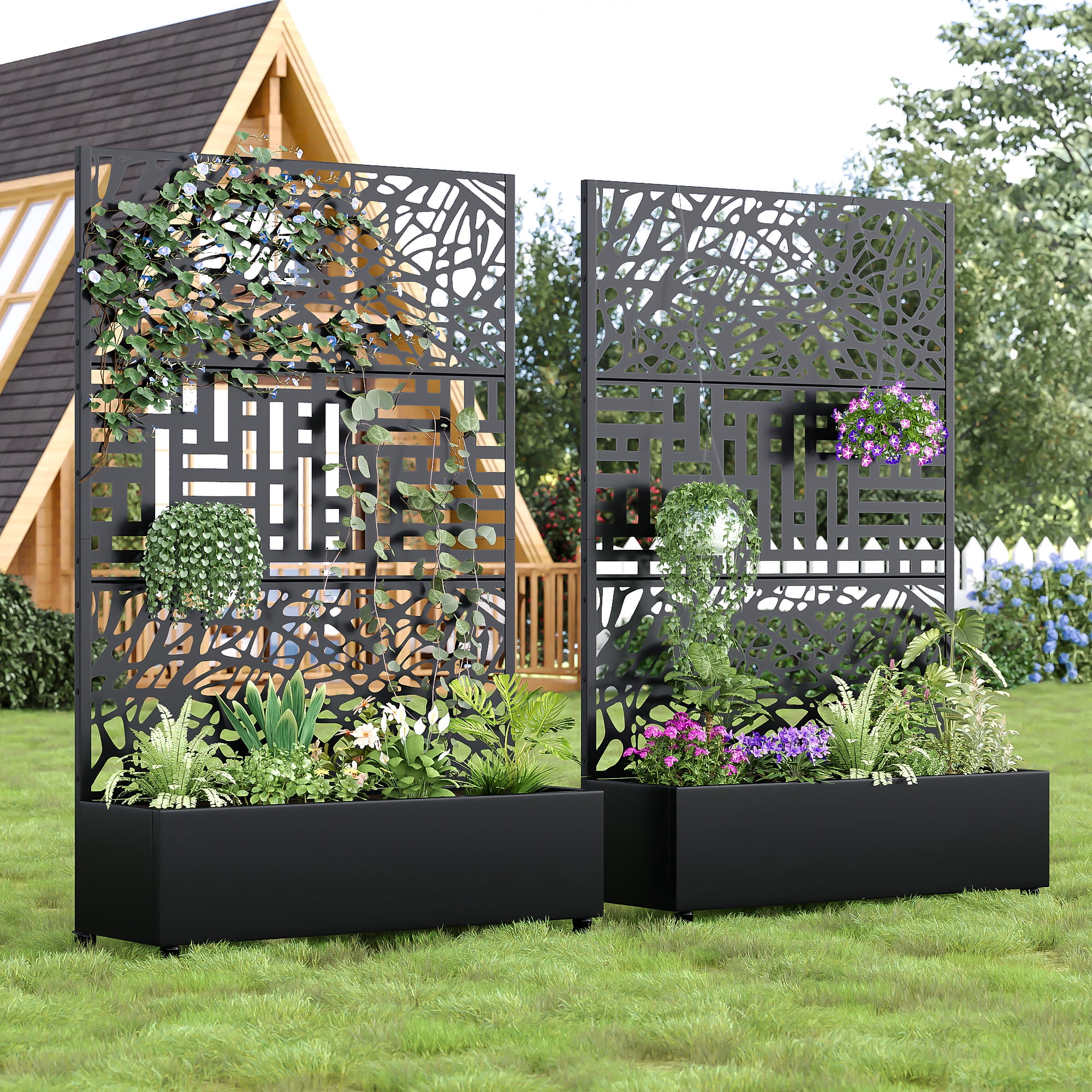 MAYEERTY 2-Set 47*16" Outdoor Black Metal Planter Box with Trellis for Climbing Plants,Vine & Street Pattern