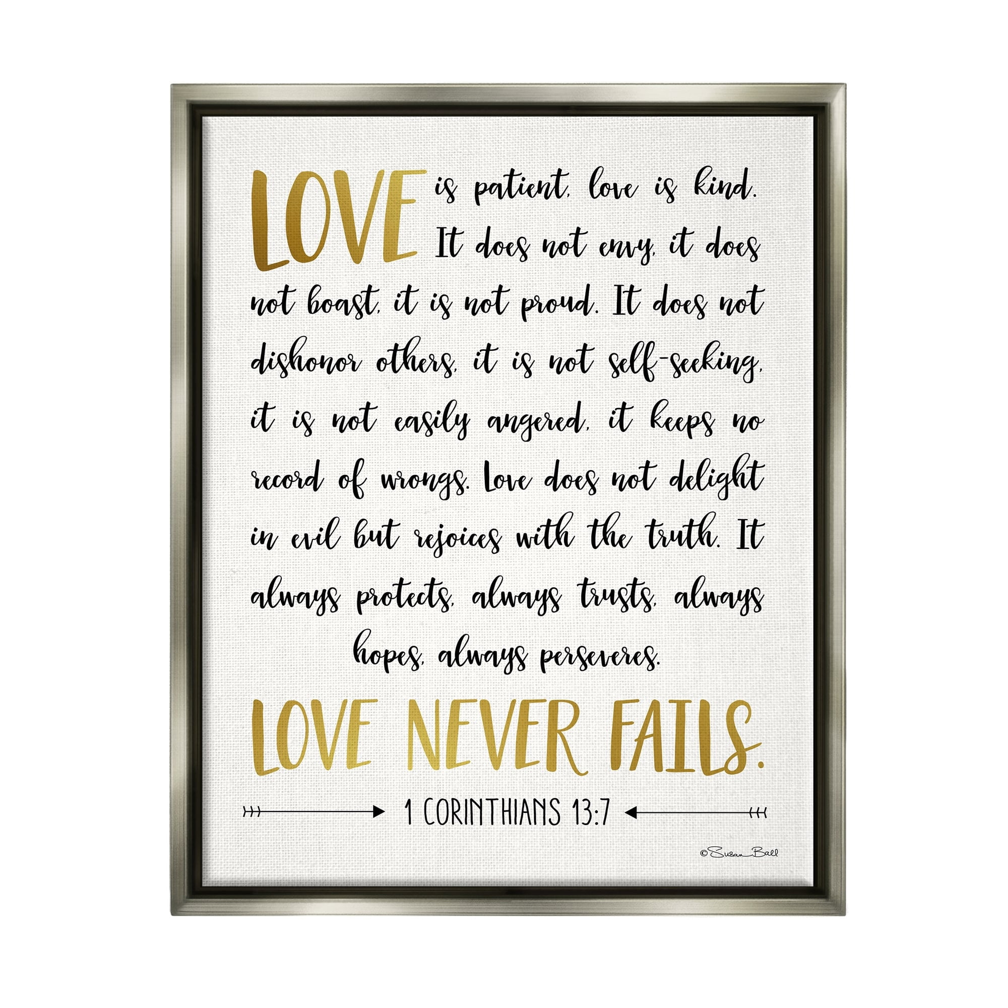Stupell Industries Love Is Patient Psalm Faith Based Word Design Luster Gray Framed Floating Canvas Wall Art, 24x30, by Susan Ball