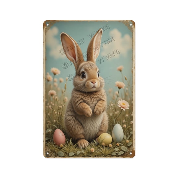 Vintage Aluminum Sign with Bunny and Easter Eggs, 12 x 16 Inches, Bring a Fun and Festive Vibe to Your Living Room, Kitchen, or Kid's Room with This Lovely Easter Decor