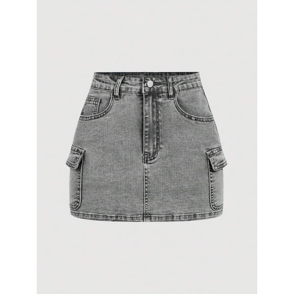 Womens Light Grey Washed Denim Mini Skirt With Cargo Flap Pockets