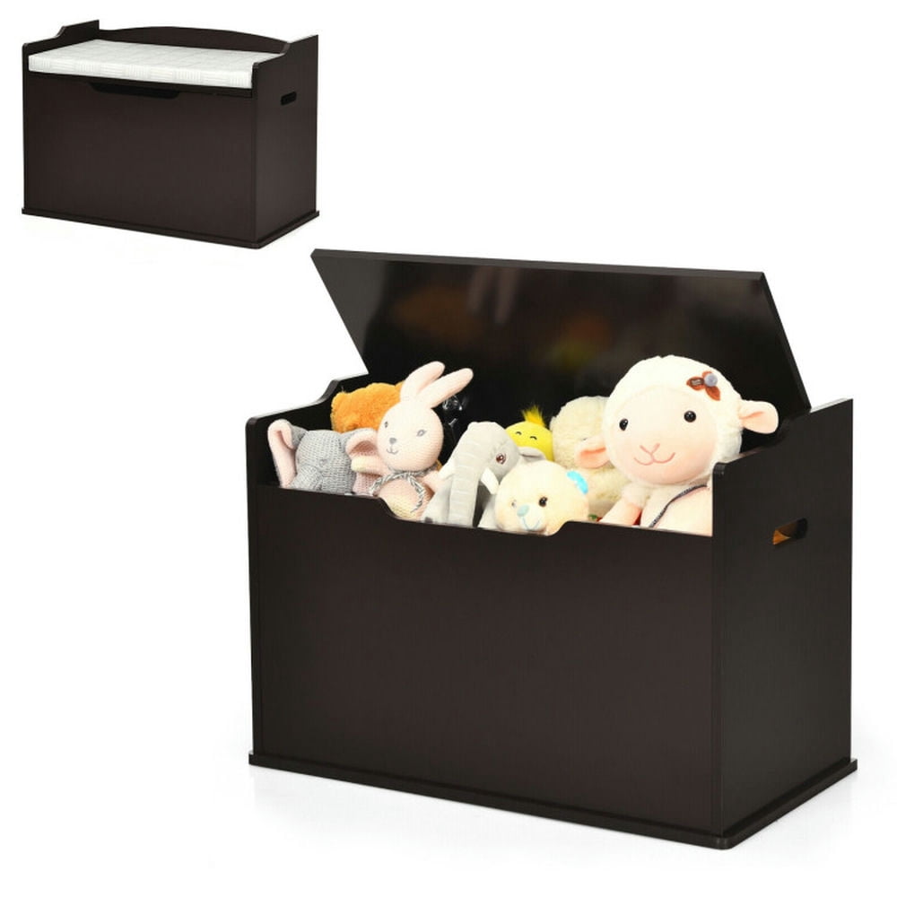 GVN Kids Toy Wooden Flip-top Storage Box Chest Bench with Cushion Hinge-Brown, Toy Organizers and Storage for Kids, Boys, Girls, Nursery