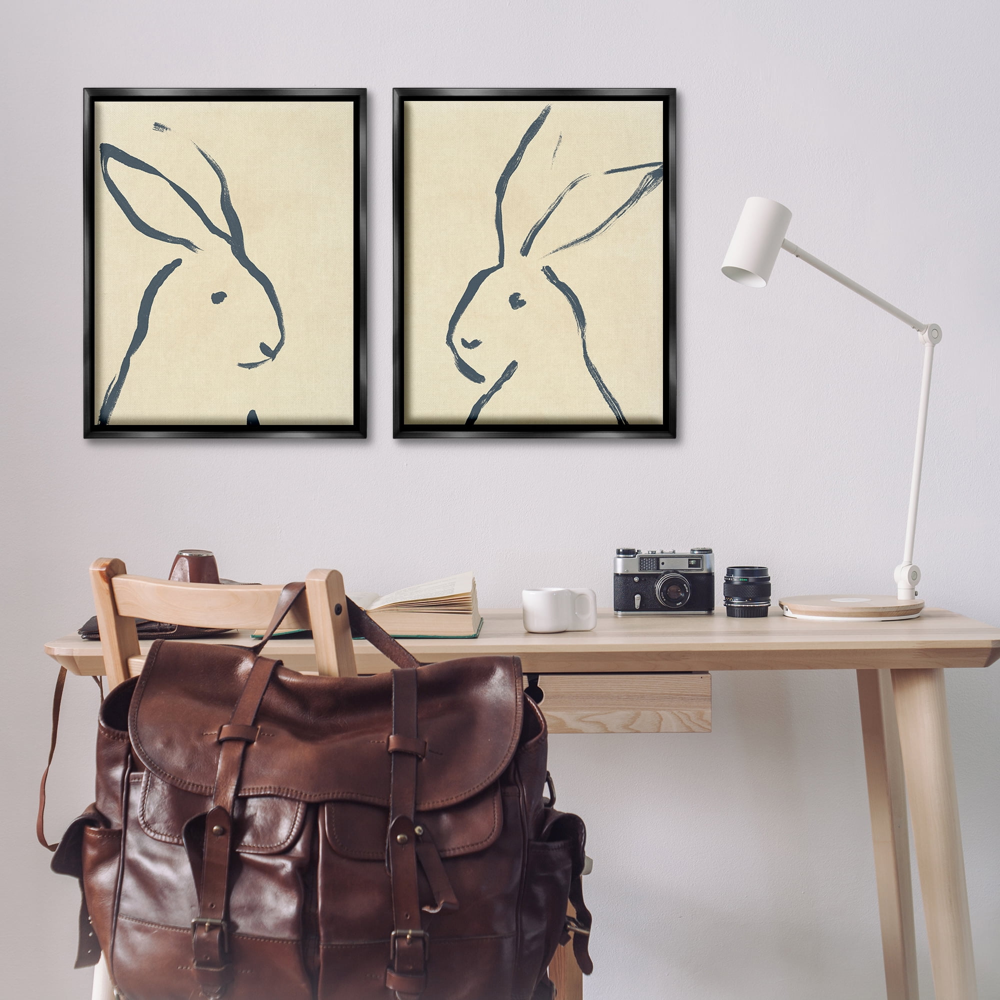 Stupell Industries Minimalist Rabbit Line Portrait Animals Drawing Black Floater Framed Canvas Art Print Wall Art, 31 x 25, Set of 2