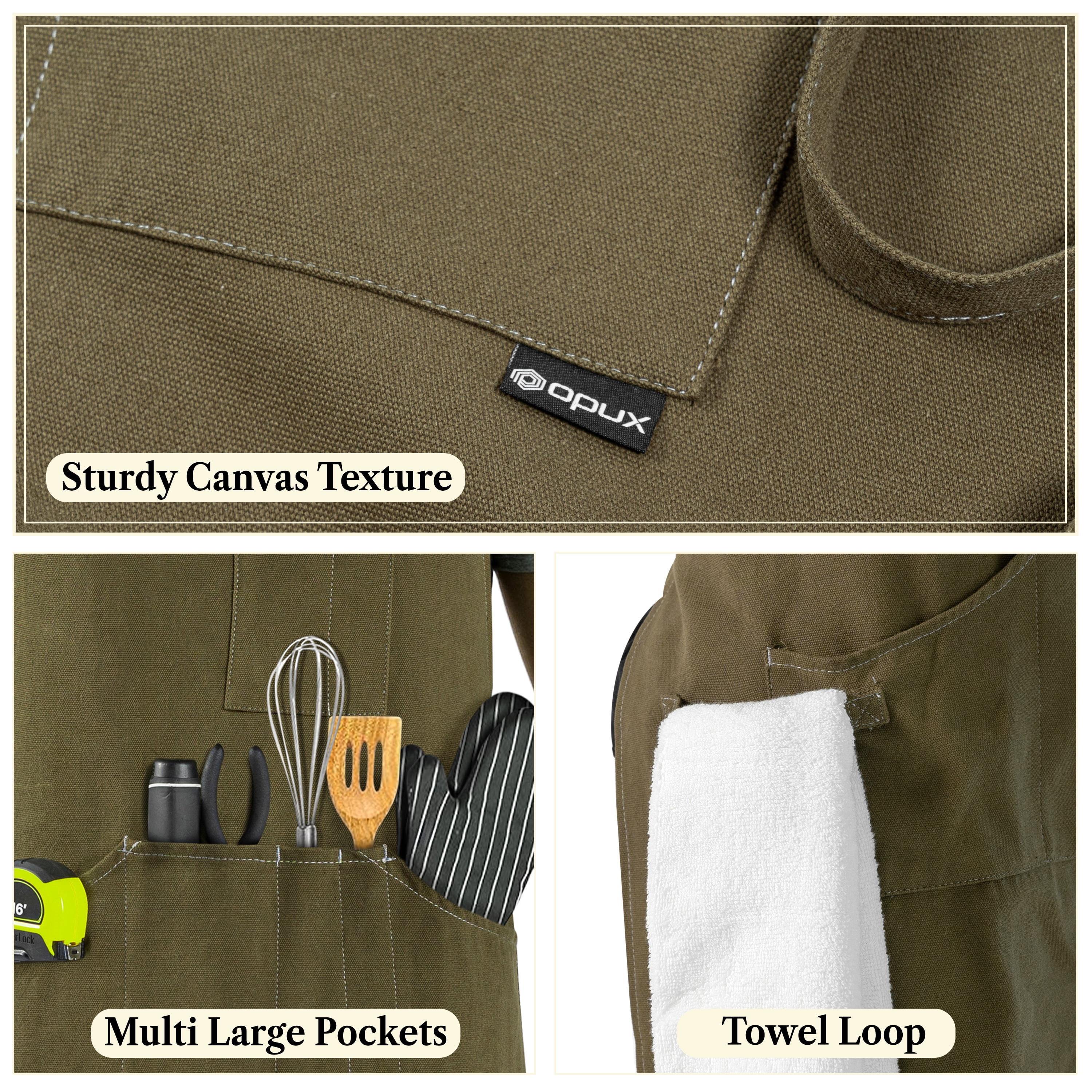 OPUX Chef Apron for Men, Canvas Apron with Pockets for Women, Large BBQ Apron for Kitchen Grilling Baking, Heavy Duty Work Apron with Adjustable Neck Strap for Barber Gardening, Olive