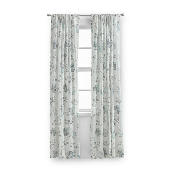Mainstays Blue Floral 100% Cotton Indoor Sheer Rod Pocket Single Curtain Panel , Light Blue, 50" W x 84"L