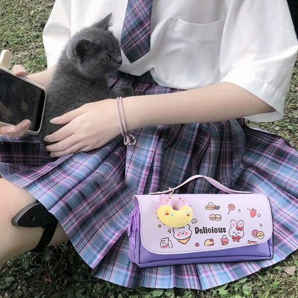 Estuche Estuche para lápices Kawaii, estuche grande para bolígrafos de papelería escolar coreana (morado Donut)