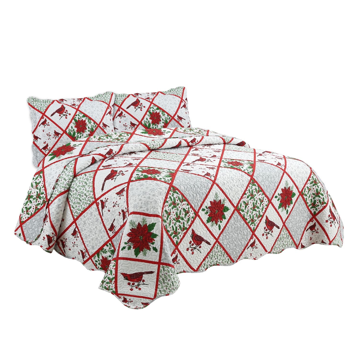 Marina Decoration Rich Printed Embossed Pinsonic Coverlet Bedspread Ultra Soft Bedding Summer Christmas Quilt Set with Shams, Xmas Red Cardinal Poinsettia Pattern
