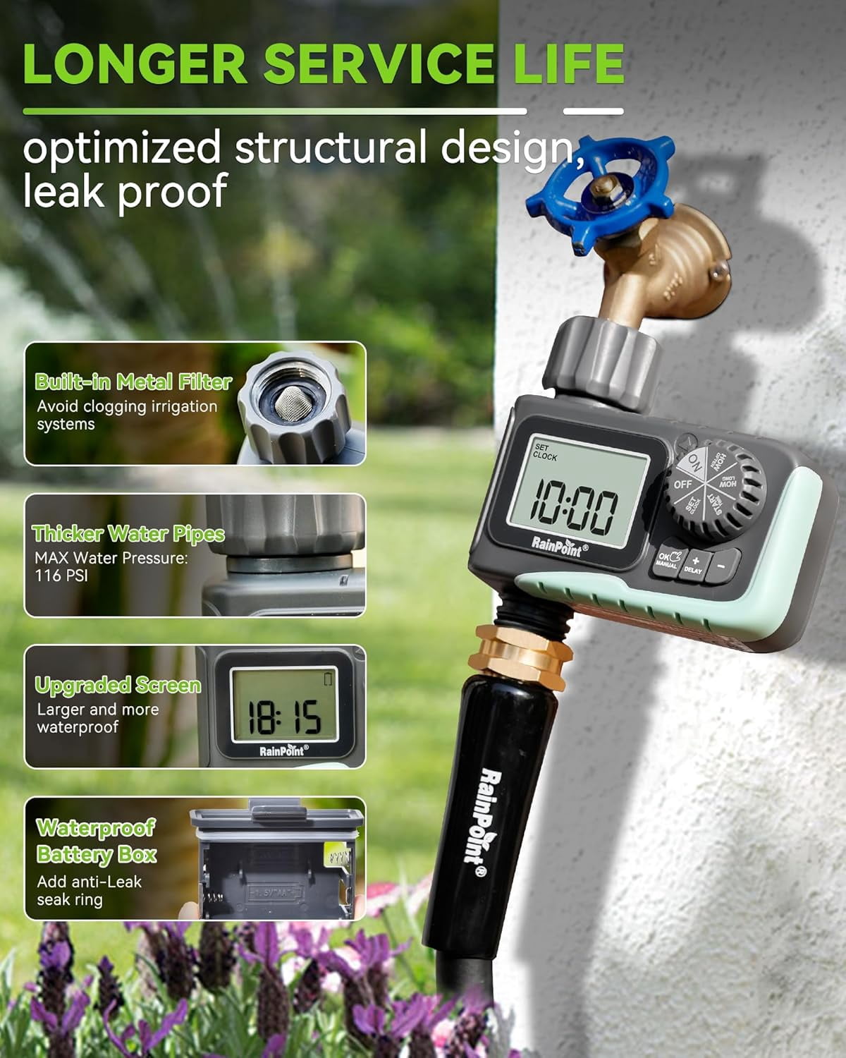 Nordic Hygge Programmable Water Timer for Garden Hose with Rain Delay/Manual/Automatic Watering System