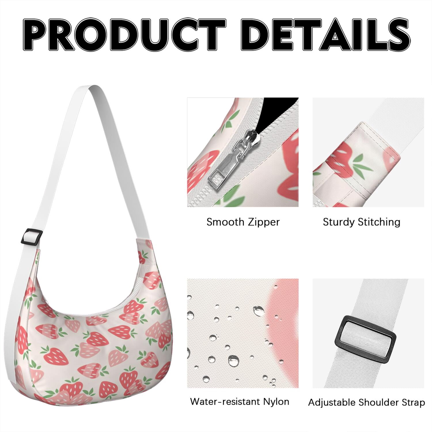Sweet Strawberry Print Hobo Purse for Women, Red Berry Crossbody Tote, Lightweight Water-Resistant Shoulder Bag, Fresh Summer Fruit Design for Berry Lovers