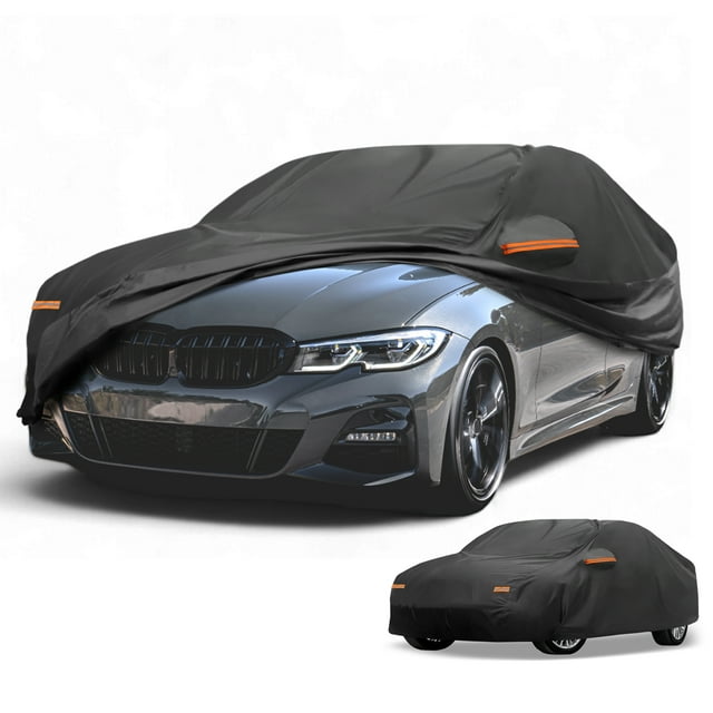Funda para automóvil Unique Bargains a prueba de agua, protección contra todo clima, funda exterior completa para BMW 3 Series 2016-2024, película de aluminio negra con franjas reflectantes