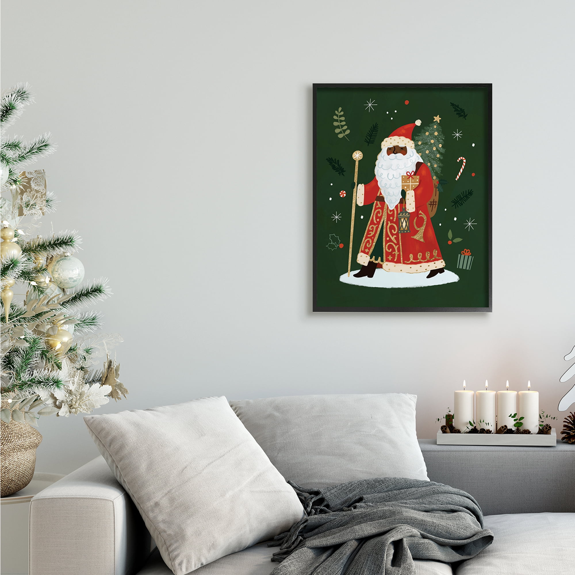 Stupell Industries Festive Santa Claus Figure Green Christmas Holiday Holiday Painting Black Framed Art Print Wall Art, 24 x 30