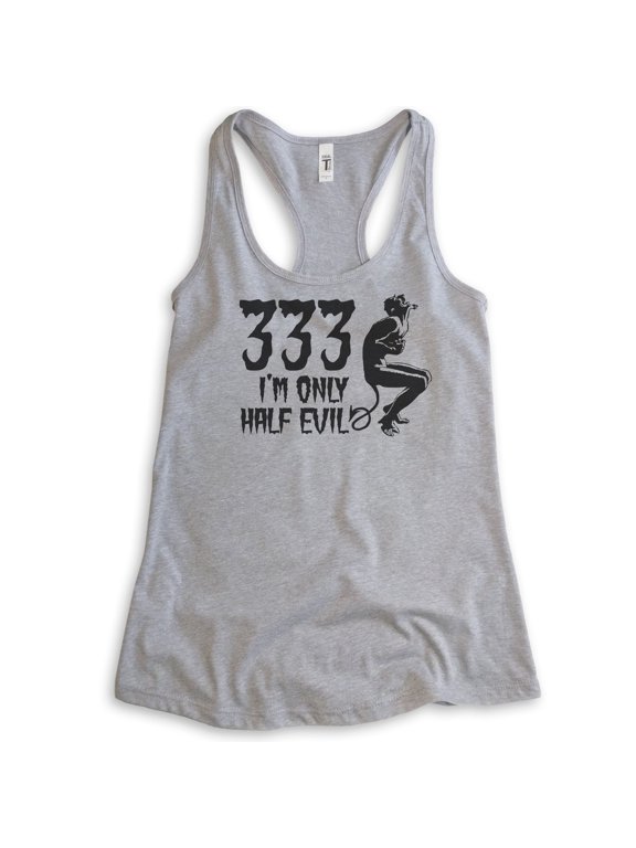 333 I'm Only Half Evil Tank Top, Ladies Racerback Tank Top, Halloween Tank, Devil Graphic Tee, Devil Tank, Heather Gray, Large