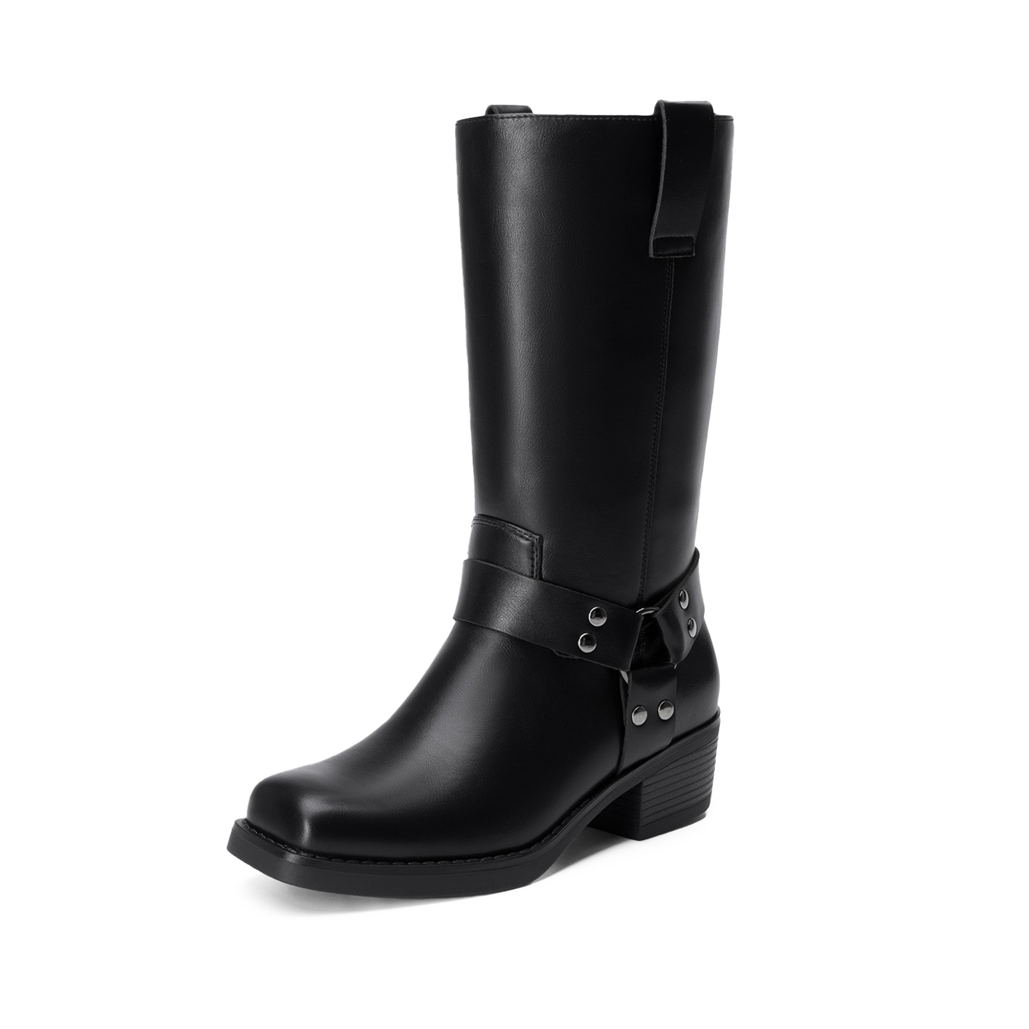 DREAM PAIRS Women's Knee High Black Harness Boots Western Style Riding Boots with Block Heel and Pull Tabs