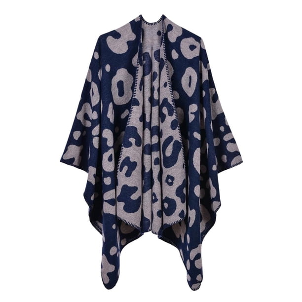 Poncho Cálido para Mujer Capa de Punto de Frontal Abierta Bufanda Chal Ropa Casual para Hogar, Escuela, Oficina Azul marino Baoblaze Cárdigan con cuello chal estampado leopardo