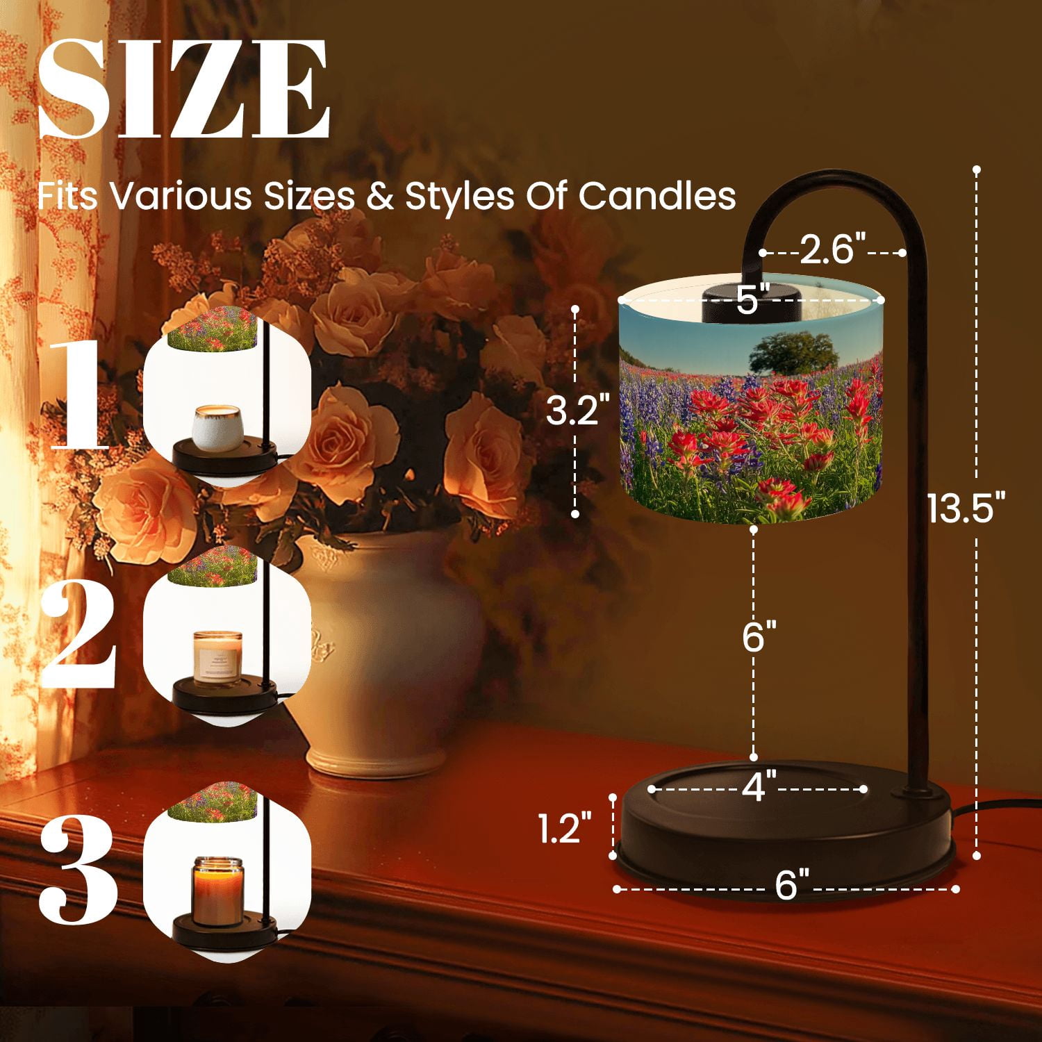 Candle Warmer Lamp with Timer Dimmer Bluebonnets Paintbrush wildflowers color Texas Hill Country Candle Lamp Warmer for Jar Candle with 4 Bulbs Gifts for Women House Warming Gifts