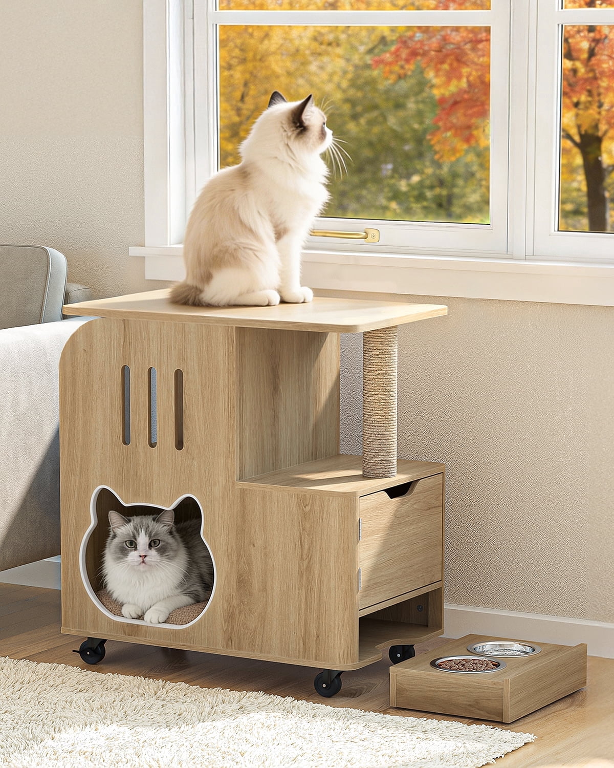Dog Proof Cat Feeding Station with Bowls, Moving Wheels Cat Food Table, Cat Bed Window Perch with Vertical Scratcher and Mat