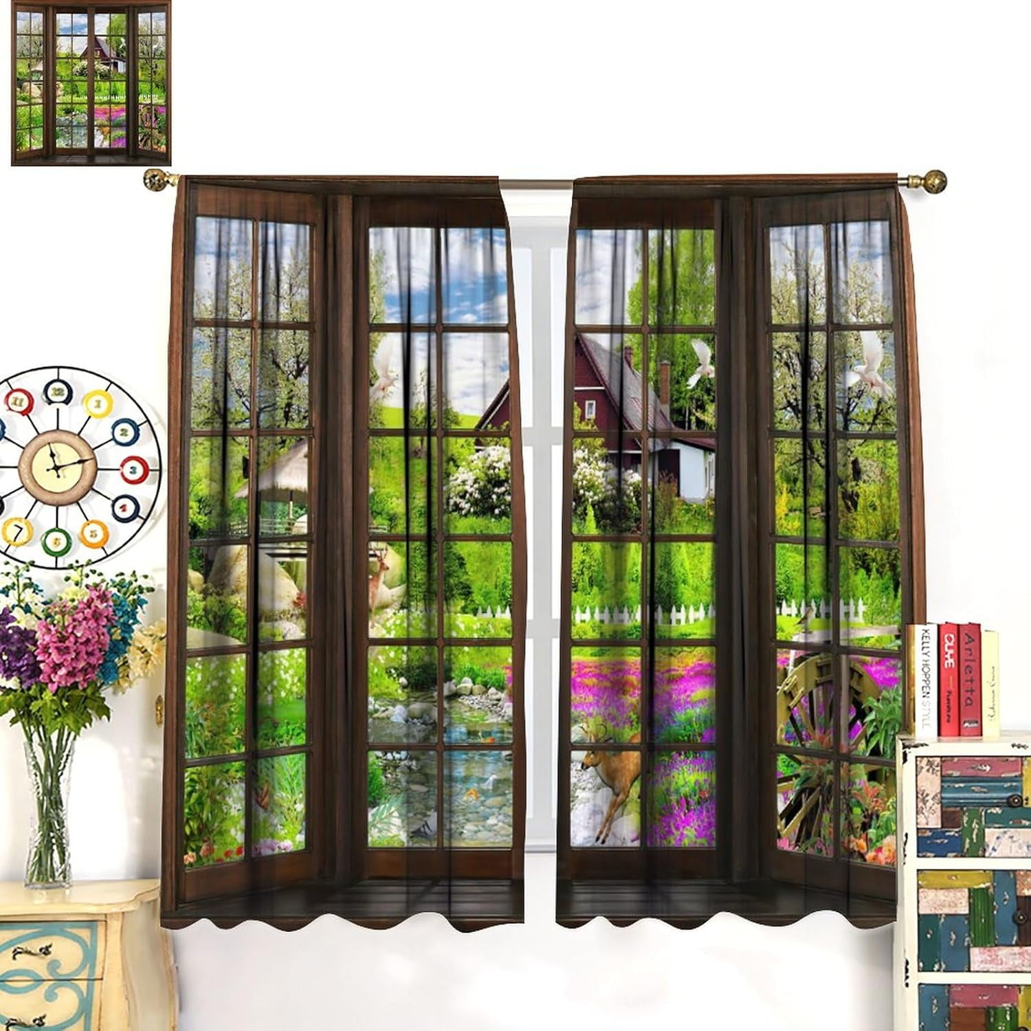 Landscape Curtains, Windows in Farmhouse Hut Wildlife Woods Creek Nature Landscape, Blackout Noise Reduction Curtains for Bedroom Living Room, 2 Panel Set,84X84 Inch, Style-5