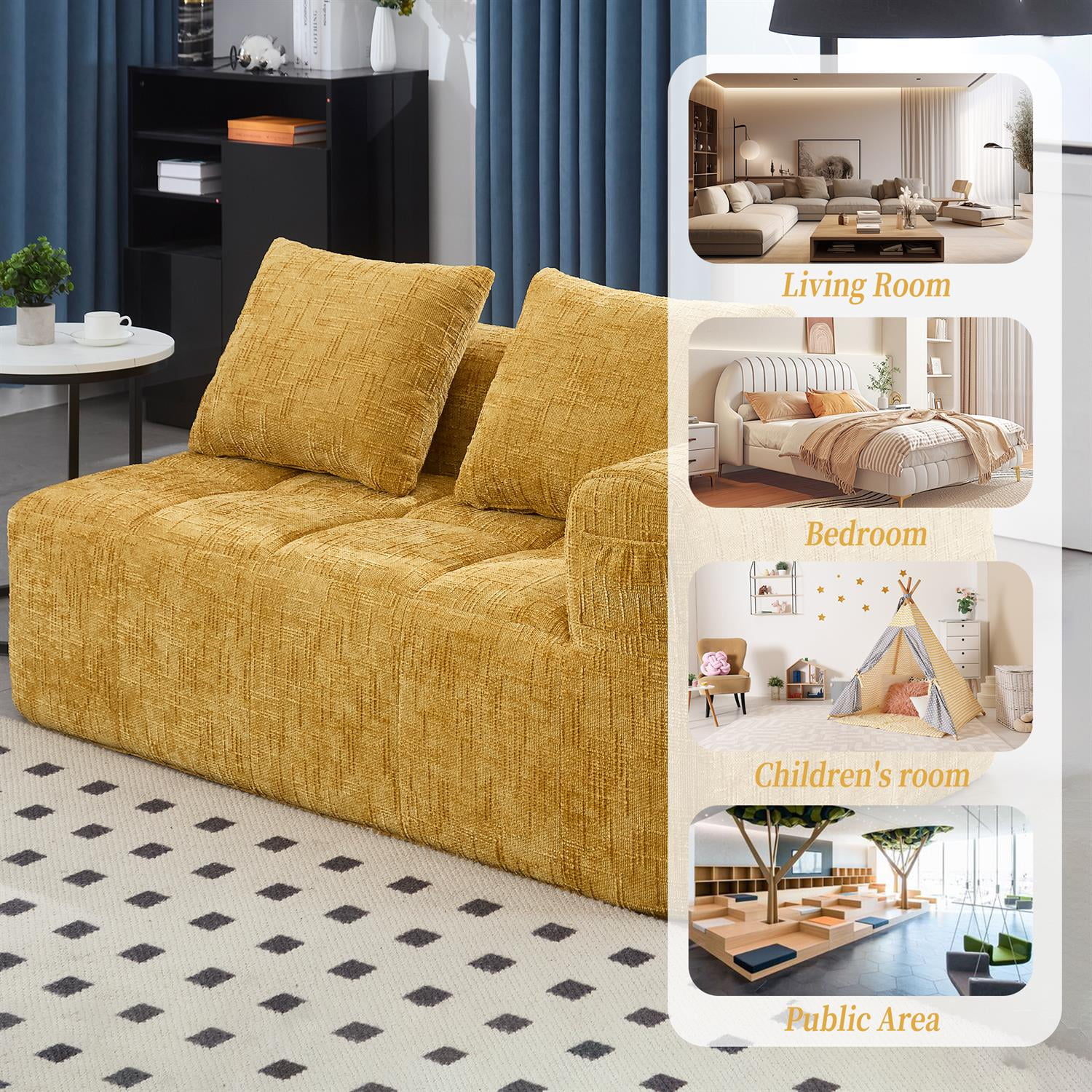 Demi Bonn 62" Plush Chenille Loveseat Sofa, Modular Sleeper for Living Room, Bedroom, Apartment Lounge, Stylish & Comfortable Couch, Yellow