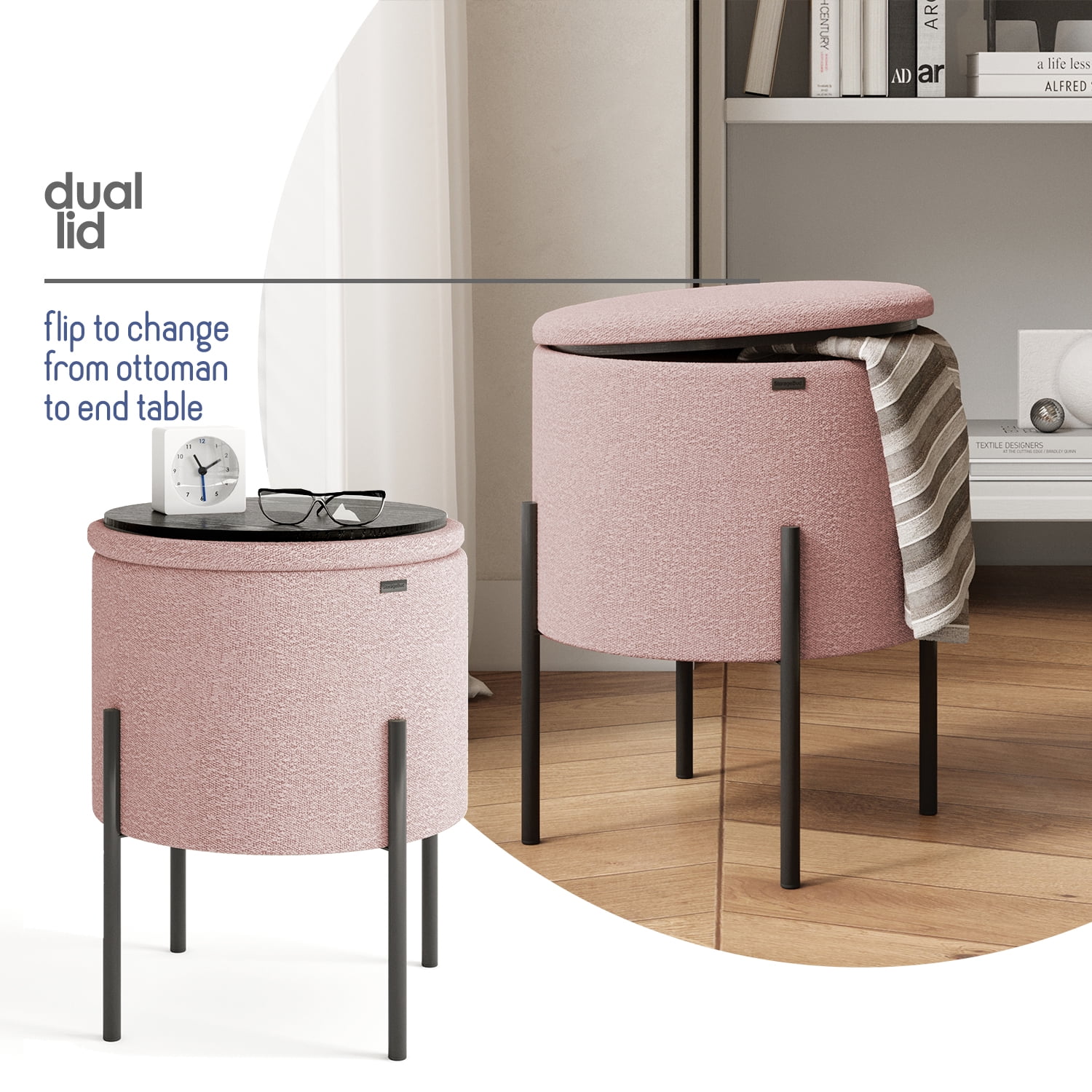 LammaLoe Small Round Ottoman with Storage, Boucle Ottoman Foot Stool with Lid, Upholstered Vanity Stool for Living Room & Bedroom, Pink