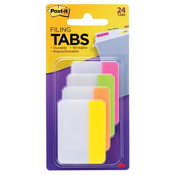 Post-it Tabs, 2" Wide, 4 Assorted Bright Colors, 6/Color, 24 Tabs