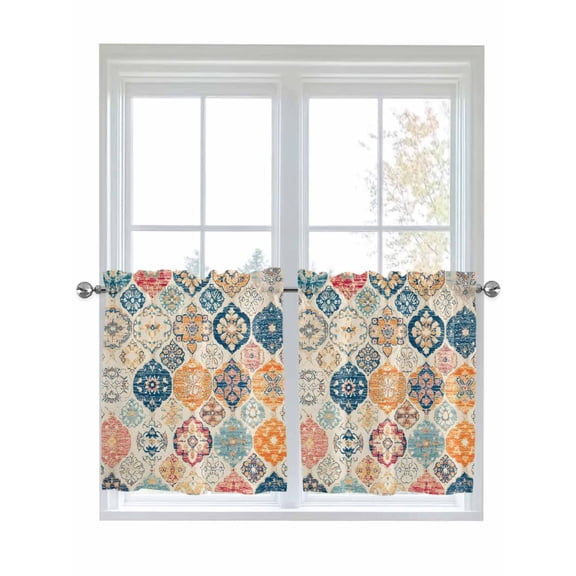 Half Window Curtain 36 Inches Long, Boho Morocco Window Treatment Curtain Drapes, Retro Farmhouse Ethnic Neutral Aesthetic Small Tier Curtains for Bathroom Over Sink, 27.5"x36", 2 Panels