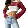 thumbnail image 2 of JULMCOMO Crochet Beach Cover Ups for Women Mesh Knit Hollow Out Long Sleeve Summer Crop Tops Bikini Cover Ups for Swimwear Deep Red M, 2 of 6