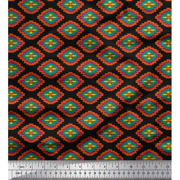 Soimoi Black Cotton Voile Fabric Geometric Ikat Print Fabric by the Yard 42 Inch Wide