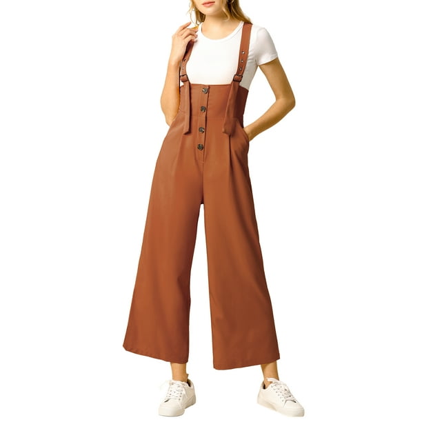 INSPIRAR CHIC Mono de tirantes con botones y cintura alta para mujer, ajuste recto, color marrón