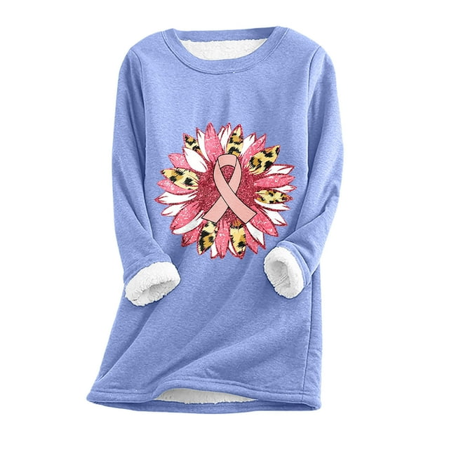 Jsaierl Chemises Cancer du Sein pour Femmes Hiver Doublé Polaire Chandail Grande Taille Col Rond Manches Longues Raglan Blouses Chaudes Chemises de Sensibilisation