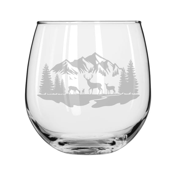 Wine Glass for Red or White Wine Gift Deer Mountain Forest River Scene (16 oz Stemless)