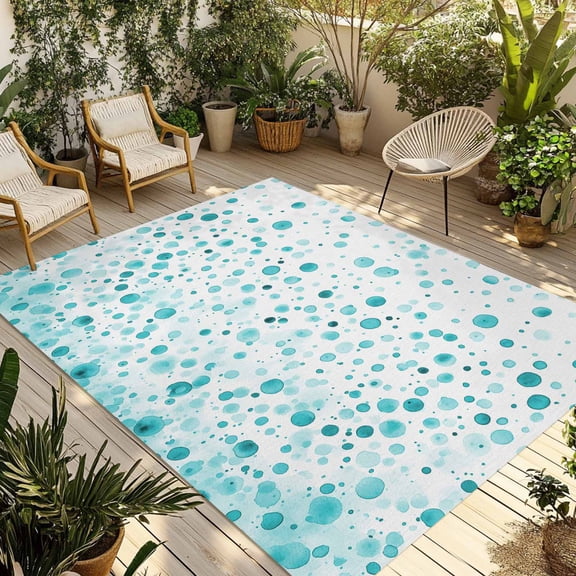 Fsddascl Turquoise Polka Dot Outdoor Rug for Patio/Deck/Porch, Non-Slip Large Area Rug 5 x 8 Ft, Modern Art Abstract Watercolor Dot Indoor Outdoor Rugs Washable Area Rugs, Camping Rug Carpet